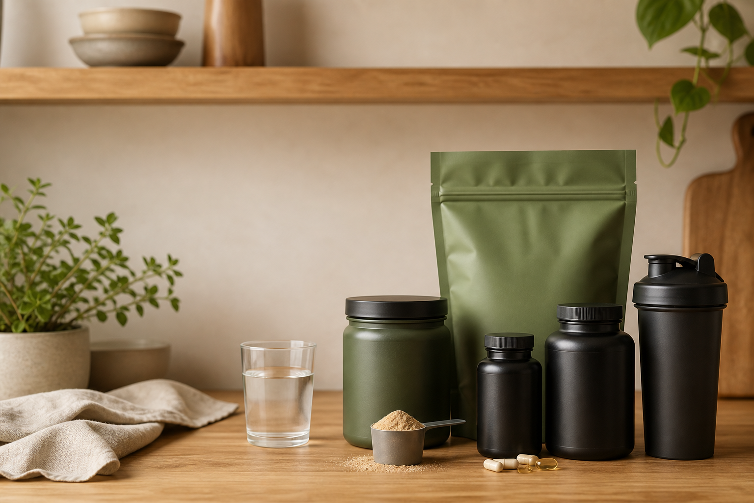 Kosttillskott, proteinpulver, shaker och vatten på en ljus köksbänk
