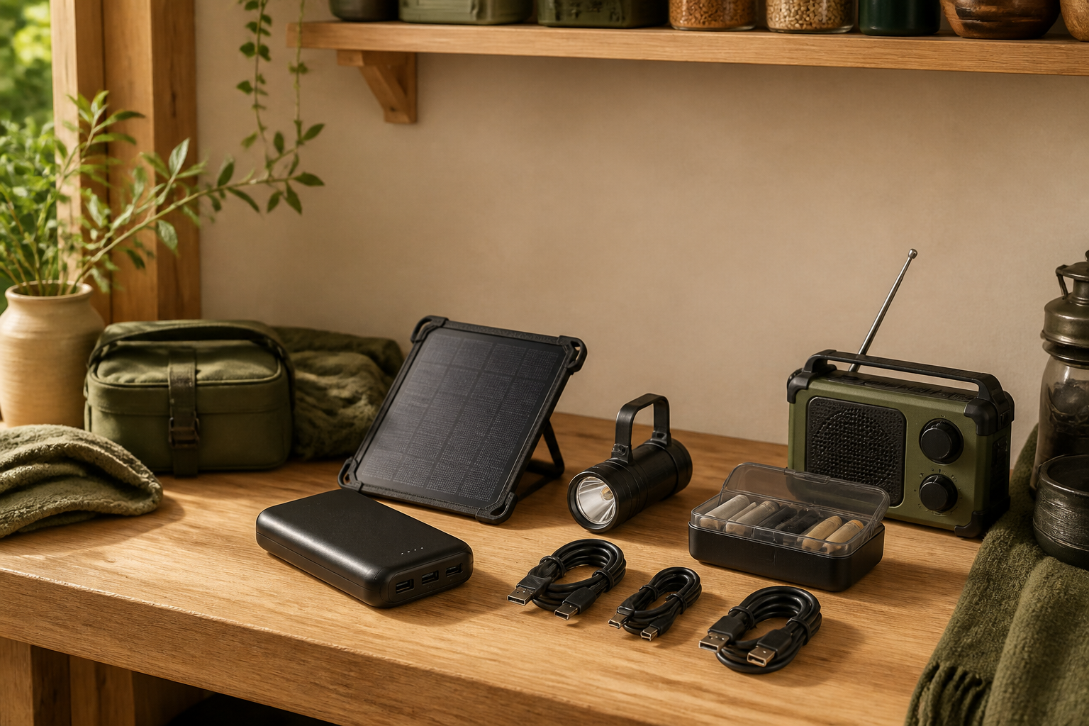 Powerbank, solcellsladdare, kablar, ficklampa och radio på en varm träbänk