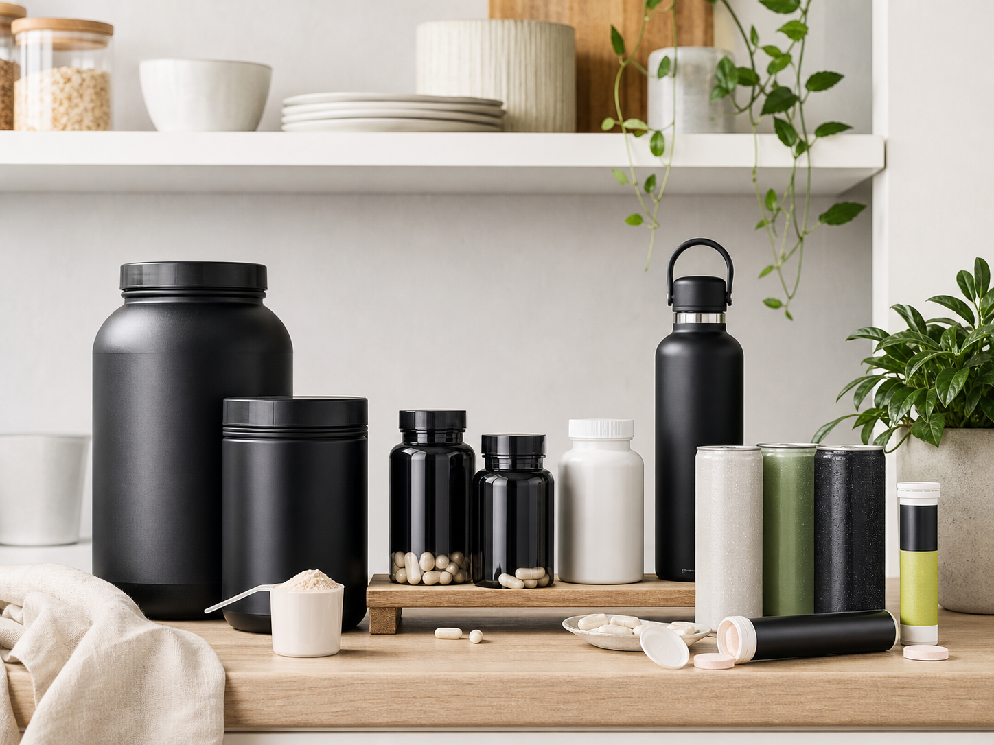 Kosttillskott, proteinpulver och dryck på en ljus kökshylla