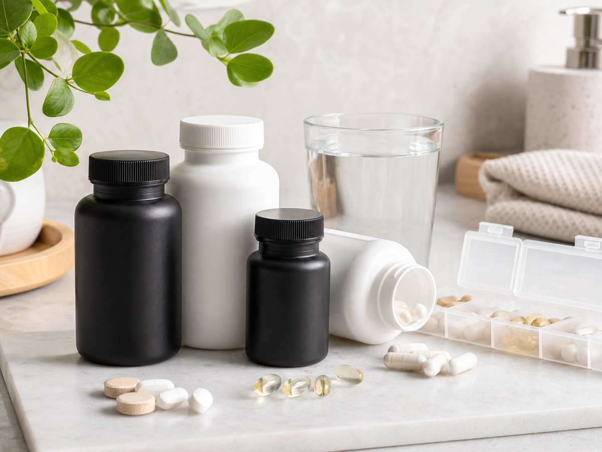 Vitaminflaskor, tabletter och ett glas vatten på en ljus bänk