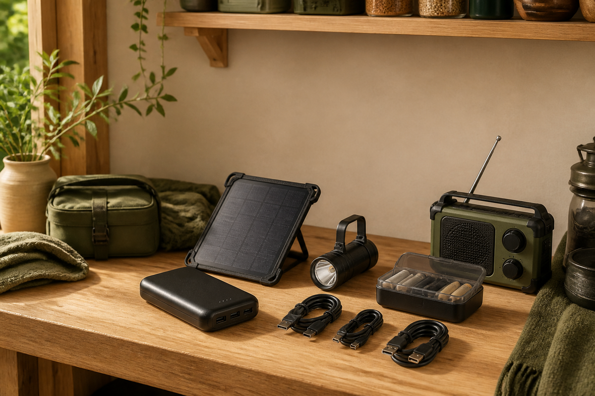 Powerbank, solcellsladdare, kablar, ficklampa och radio på en varm träbänk